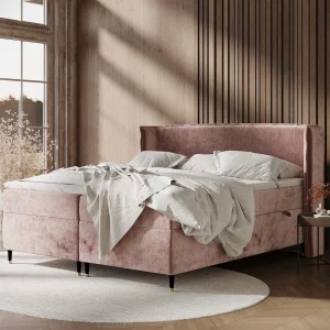 Boxspringbed van chenillestof Segni – matras – topper matras – 200×200 cm – roze Boxspringbed van chenillestof Segni – matras – topper matras – 200×200 cm – roze