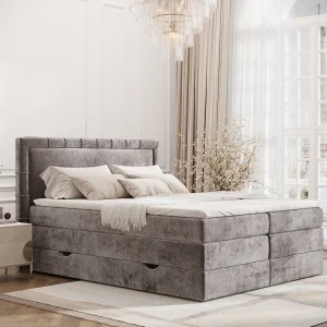 Boxspringbed met hoofdeinde van chenillestof – Rosabel – matras en dekmatras – 140×200 cm – beige