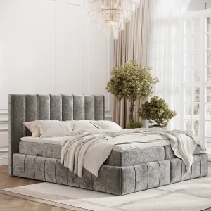 Boxspringbed met hoofdeinde van chenillestof – Moretti – matras en dekmatras – 140×200 cm – grijs Boxspringbed met hoofdeinde van chenillestof – Moretti – matras en dekmatras – 140×200 cm – grijs