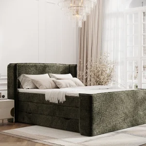 Boxspringbed met hoofdeinde van chenillestof – Freeland – matras en dekmatras – 140×200 cm – olijfgroen Boxspringbed met hoofdeinde van chenillestof – Freeland – matras en dekmatras – 140×200 cm – olijfgroen