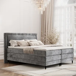 Boxspringbed met hoofdeinde van chenillestof – Rimini – matras en dekmatras – 160×200 cm – grijs