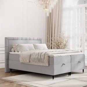 Boxspringbed met hoofdeinde van geweven stof – Voyage – matras en dekmatras – 140×200 cm – lichtgrijs
