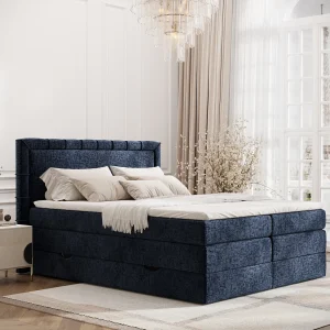 Boxspringbed met hoofdeinde van chenillestof – Rosabel – matras en dekmatras – 200×200 cm – marineblauw Boxspringbed met hoofdeinde van chenillestof – Rosabel – matras en dekmatras – 200×200 cm – marineblauw