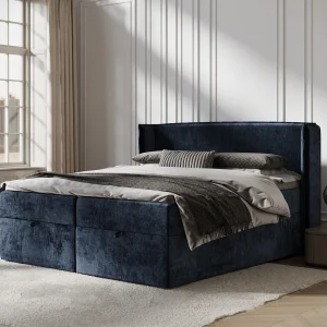 Boxspringbed met hoofdeinde van chenillestof – Passion – matras en dekmatras – 160×200 cm – marineblauw