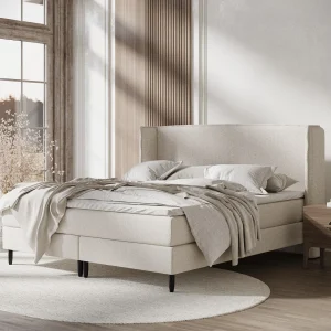 Boxspringbed met hoofdeinde van geweven stof – Ardis – matras en dekmatras – 180×200 cm – beige Boxspringbed met hoofdeinde van geweven stof – Ardis – matras en dekmatras – 180×200 cm – beige