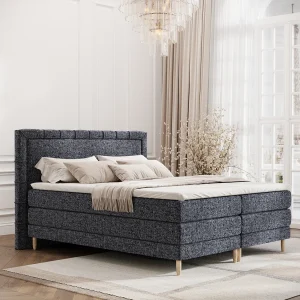 Boxspringbed met hoofdeinde van geweven stof – Rimini – matras en dekmatras – 140×200 cm – marineblauw Boxspringbed met hoofdeinde van geweven stof – Rimini – matras en dekmatras – 140×200 cm – marineblauw
