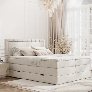 Boxspringbed met hoofdeinde van geweven stof – Rosabel – matras en dekmatras – 200×200 cm – beige Boxspringbed met hoofdeinde van geweven stof – Rosabel – matras en dekmatras – 200×200 cm – beige