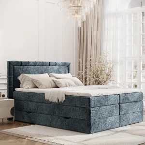 Boxspringbed met hoofdeinde van chenillestof – Rosabel – matras en dekmatras – 200×200 cm – blauw Boxspringbed met hoofdeinde van chenillestof – Rosabel – matras en dekmatras – 200×200 cm – blauw