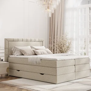 Boxspringbed met hoofdeinde van bouclestof – Rosabel – matras en dekmatras – 140×200 cm – beige Boxspringbed met hoofdeinde van bouclestof – Rosabel – matras en dekmatras – 140×200 cm – beige