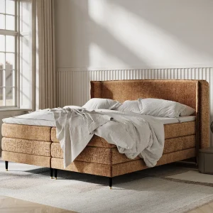 Boxspringbed met hoofdeinde van chenillestof – Carizzo – matras en dekmatras – 160×200 cm – koper
