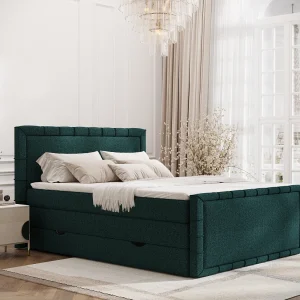 Boxspringbed met hoofdeinde van geweven stof – Estelle – matras en dekmatras – 140×200 cm – groen Boxspringbed met hoofdeinde van geweven stof – Estelle – matras en dekmatras – 140×200 cm – groen