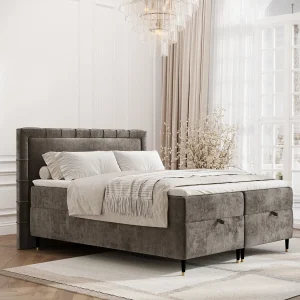 Boxspringbed met hoofdeinde van chenillestof – Voyage – matras en dekmatras – 140×200 cm – bruin Boxspringbed met hoofdeinde van chenillestof – Voyage – matras en dekmatras – 140×200 cm – bruin