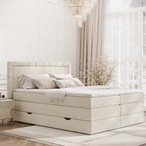 Boxspringbed met hoofdeinde van bouclestof – Rosabel – matras en dekmatras – 180×200 cm – creme Boxspringbed met hoofdeinde van bouclestof – Rosabel – matras en dekmatras – 180×200 cm – creme