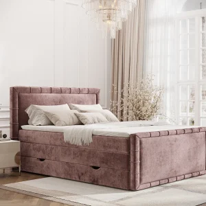 Boxspringbed met hoofdeinde van chenillestof – Estelle – matras en dekmatras – 200×200 cm – roze Boxspringbed met hoofdeinde van chenillestof – Estelle – matras en dekmatras – 200×200 cm – roze