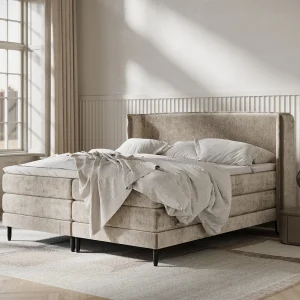 Boxspringbed met hoofdeinde van chenillestof – Carizzo – matras en dekmatras – 180×200 cm – beige