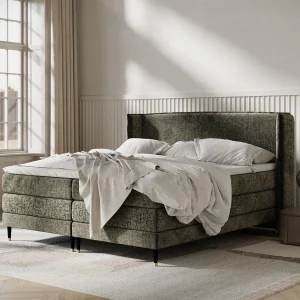 Boxspringbed met hoofdeinde van chenillestof – Carizzo – matras en dekmatras – 160×200 cm – olijfgroen