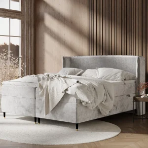 Boxspringbed van chenillestof Segni – matras – topper matras – 180×200 cm – lichtgrijs Boxspringbed van chenillestof Segni – matras – topper matras – 180×200 cm – lichtgrijs