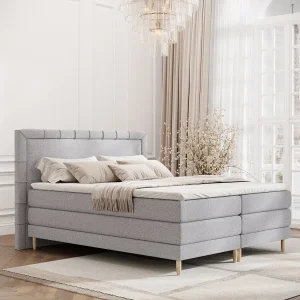 Boxspringbed met hoofdeinde van geweven stof – Rimini – matras en dekmatras – 200×200 cm – lichtgrijs Boxspringbed met hoofdeinde van geweven stof – Rimini – matras en dekmatras – 200×200 cm – lichtgrijs