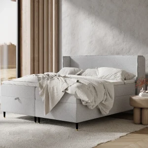 Boxspringbed met hoofdeinde van geweven stof – Monpelli – matras en dekmatras – 180×200 cm – lichtgrijs Boxspringbed met hoofdeinde van geweven stof – Monpelli – matras en dekmatras – 180×200 cm – lichtgrijs