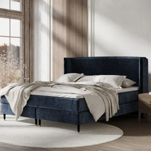 Boxspringbed met hoofdeinde van chenillestof – Ardis – matras en dekmatras – 180×200 cm – marineblauw Boxspringbed met hoofdeinde van chenillestof – Ardis – matras en dekmatras – 180×200 cm – marineblauw