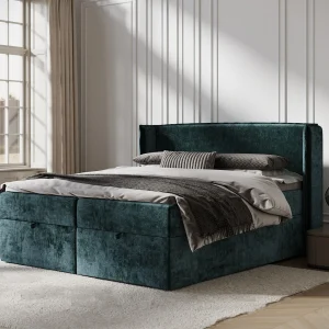 Boxspringbed met hoofdeinde van chenillestof – Passion – matras en dekmatras – 200×200 cm – blauwgroen Boxspringbed met hoofdeinde van chenillestof – Passion – matras en dekmatras – 200×200 cm – blauwgroen