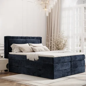 Boxspringbed met hoofdeinde van chenillestof – Rosabel – matras en dekmatras – 180×200 cm – marineblauw Boxspringbed met hoofdeinde van chenillestof – Rosabel – matras en dekmatras – 180×200 cm – marineblauw