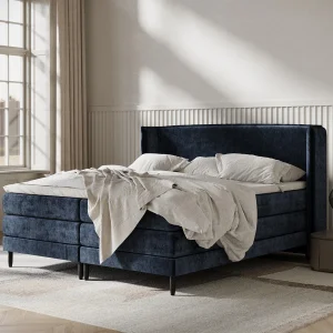 Boxspringbed met hoofdeinde van chenillestof – Carizzo – matras en dekmatras – 140×200 cm – marineblauw Boxspringbed met hoofdeinde van chenillestof – Carizzo – matras en dekmatras – 140×200 cm – marineblauw