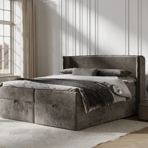 Boxspringbed met hoofdeinde van chenillestof – Passion – matras en dekmatras – 160×200 cm – bruin