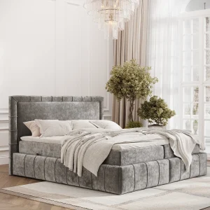 Boxspringbed met hoofdeinde van chenillestof – Sundown – matras en dekmatras – 140×200 cm – grijs Boxspringbed met hoofdeinde van chenillestof – Sundown – matras en dekmatras – 140×200 cm – grijs