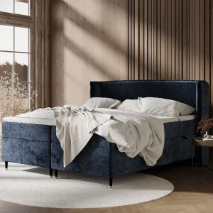 Boxspringbed van chenillestof Segni – matras – topper matras – 200×200 cm – marineblauw Boxspringbed van chenillestof Segni – matras – topper matras – 200×200 cm – marineblauw