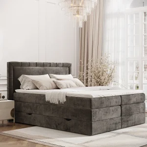 Boxspringbed met hoofdeinde van chenillestof – Rosabel – matras en dekmatras – 140×200 cm – bruin