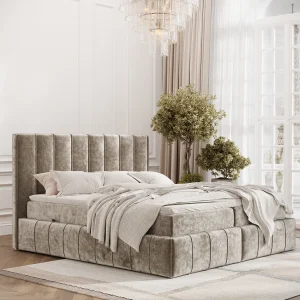 Boxspringbed met hoofdeinde van chenillestof – Moretti – matras en dekmatras – 140×200 cm – beige Boxspringbed met hoofdeinde van chenillestof – Moretti – matras en dekmatras – 140×200 cm – beige
