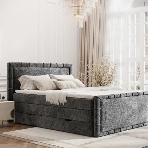 Boxspringbed met hoofdeinde van chenillestof – Estelle – matras en dekmatras – 200×200 cm – grafiet Boxspringbed met hoofdeinde van chenillestof – Estelle – matras en dekmatras – 200×200 cm – grafiet