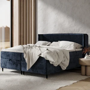 Boxspringbed met hoofdeinde van chenillestof – Monpelli – matras en dekmatras – 160×200 cm – marineblauw Boxspringbed met hoofdeinde van chenillestof – Monpelli – matras en dekmatras – 160×200 cm – marineblauw