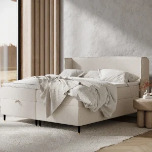 Boxspringbed met hoofdeinde van geweven stof – Monpelli – matras en dekmatras – 180×200 cm – beige Boxspringbed met hoofdeinde van geweven stof – Monpelli – matras en dekmatras – 180×200 cm – beige