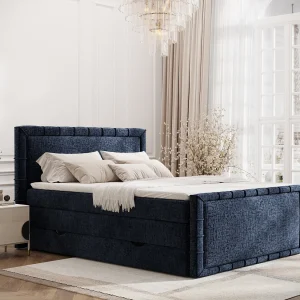 Boxspringbed met hoofdeinde van chenillestof – Estelle – matras en dekmatras – 140×200 cm – marineblauw