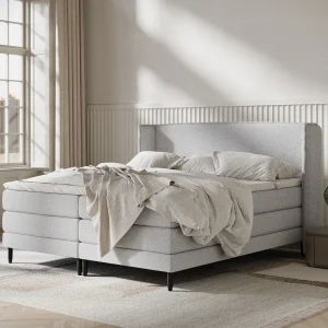 Boxspringbed met hoofdeinde van geweven stof – Carizzo – matras en dekmatras – 140×200 cm – lichtgrijs Boxspringbed met hoofdeinde van geweven stof – Carizzo – matras en dekmatras – 140×200 cm – lichtgrijs