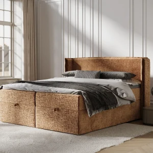 Boxspringbed met hoofdeinde van chenillestof – Passion – matras en dekmatras – 160×200 cm – koper