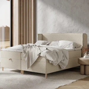 Boxspringbed met hoofdeinde van bouclestof – Monpelli – matras en dekmatras – 160×200 cm – beige Boxspringbed met hoofdeinde van bouclestof – Monpelli – matras en dekmatras – 160×200 cm – beige