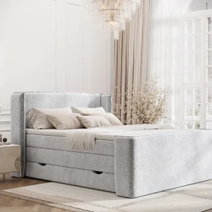 Boxspringbed met hoofdeinde van chenillestof – Freeland – matras en dekmatras – 160×200 cm – lichtgrijs Boxspringbed met hoofdeinde van chenillestof – Freeland – matras en dekmatras – 160×200 cm – lichtgrijs