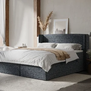 Boxspringbed met hoofdeinde van geweven stof – Skyline – matras en dekmatras – 180×200 cm – marineblauw Boxspringbed met hoofdeinde van geweven stof – Skyline – matras en dekmatras – 180×200 cm – marineblauw