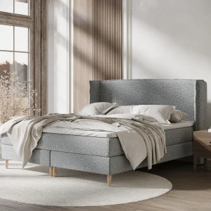 Boxspringbed met hoofdeinde van bouclestof – Ardis – matras en dekmatras – 180×200 cm – grijs