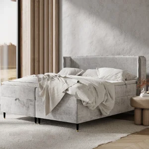 Boxspringbed met hoofdeinde van chenillestof – Monpelli – matras en dekmatras – 160×200 cm – lichtgrijs Boxspringbed met hoofdeinde van chenillestof – Monpelli – matras en dekmatras – 160×200 cm – lichtgrijs