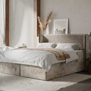 Boxspringbed met hoofdeinde van chenillestof – Skyline – matras en dekmatras – 180×200 cm – beige Boxspringbed met hoofdeinde van chenillestof – Skyline – matras en dekmatras – 180×200 cm – beige
