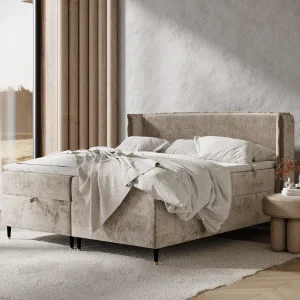 Boxspringbed met hoofdeinde van chenillestof – Monpelli – matras en dekmatras – 140×200 cm – beige