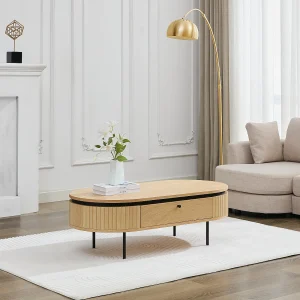 Salontafel met 2 lades met eikenfineer en metaal – Licht naturel en zwart – CARDIONA Salontafel met 2 lades met eikenfineer en metaal – Licht naturel en zwart – CARDIONA