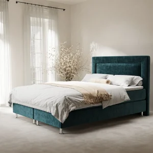 Boxspringbed met hoofdeinde van fluweelstof – Laguno – matras en dekmatras – 160×200 cm – turquoise