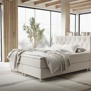 Boxspringbed met hoofdeinde van geweven stof – Excelsior – matras en dekmatras – 140×200 cm – beige Boxspringbed met hoofdeinde van geweven stof – Excelsior – matras en dekmatras – 140×200 cm – beige