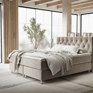 Boxspringbed met hoofdeinde van fluweelstof – Excelsior – matras en dekmatras – 200×200 cm – taupe