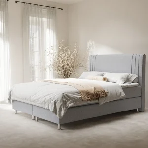 Boxspringbed met hoofdeinde van geweven stof – Casone – matras en dekmatras – 200×200 cm – lichtgrijs Boxspringbed met hoofdeinde van geweven stof – Casone – matras en dekmatras – 200×200 cm – lichtgrijs